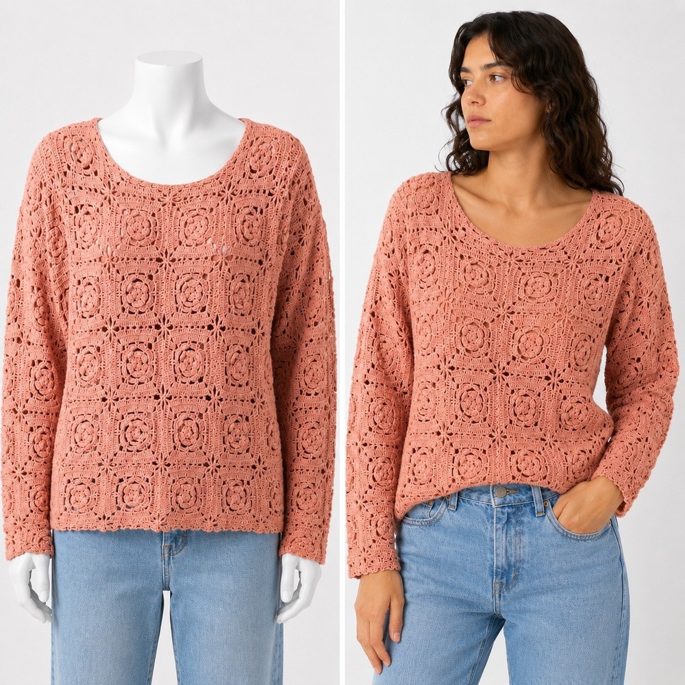 Vintage 90s Jessica Roberts Sweater Womens M Pink Crochet Floral Granny Square